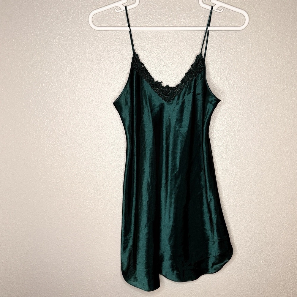 VTG Alexandra Nicole Satin Slip Dress Green Lace Trim Nightgown Y2K Medium Bias - Picture 5 of 7